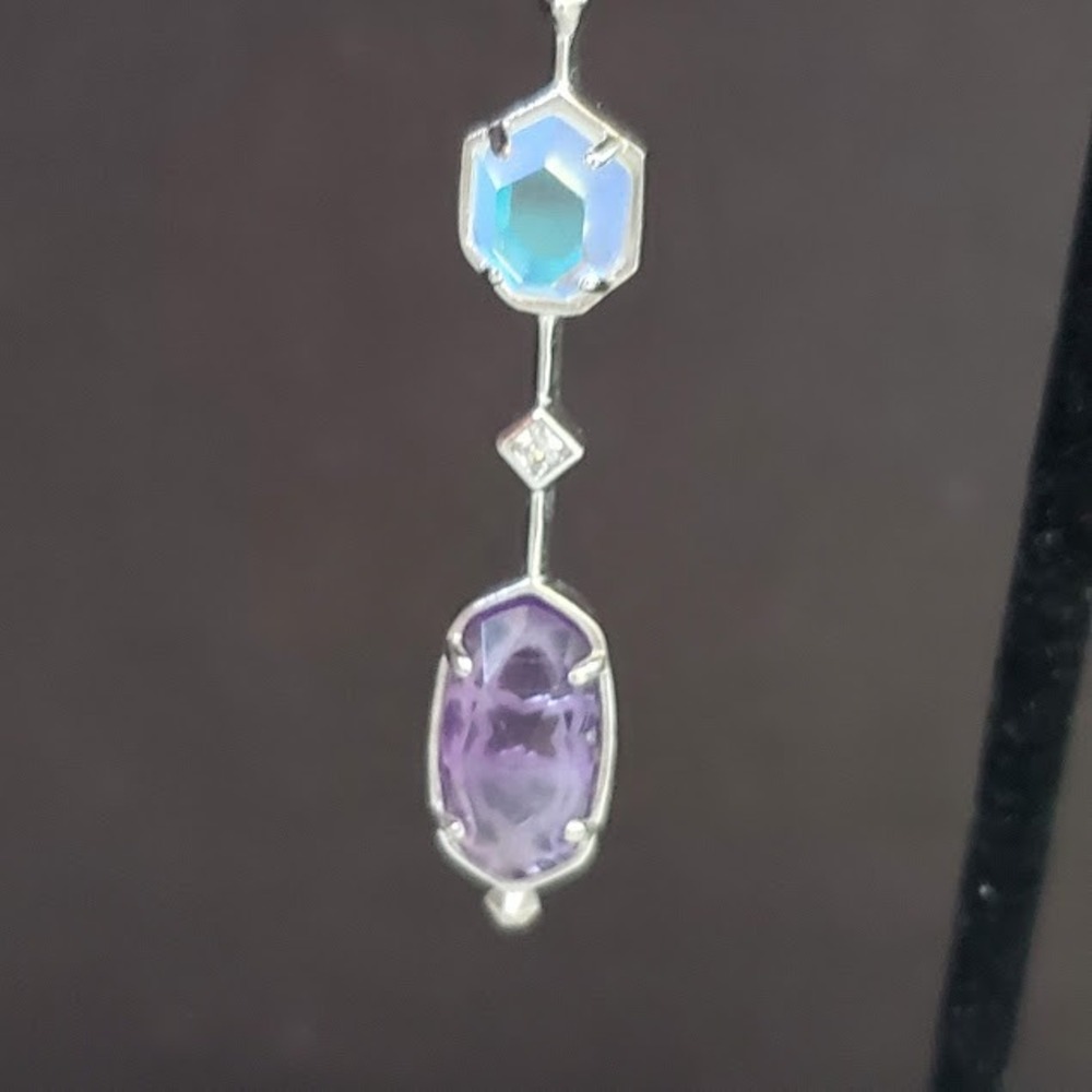 Kendra Scott Silver Tone Purple Amethyst Iridescent Crystal Drop Dangle Earrings - Picture 7 of 7